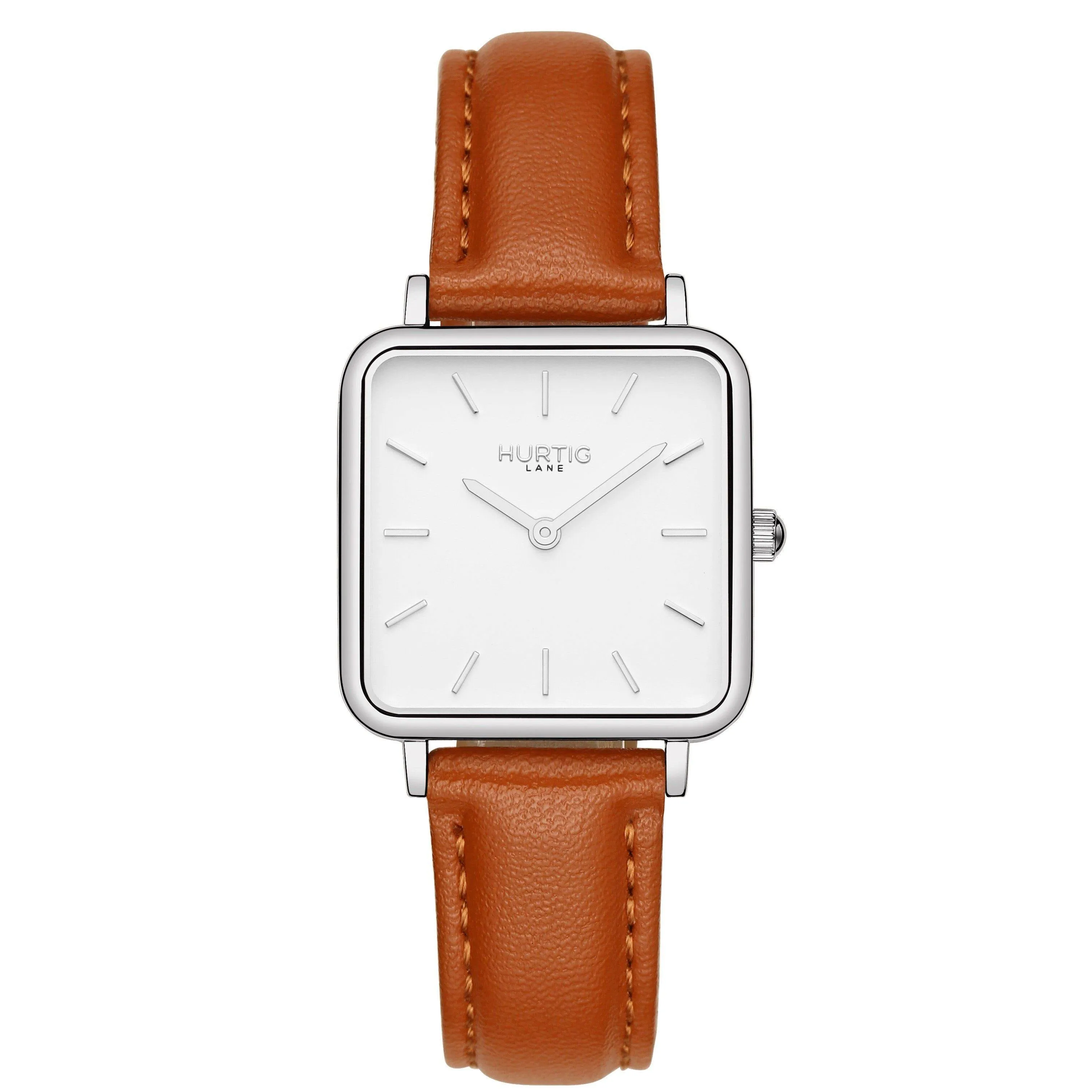 Neliö Square Vegan Leather Watch Silver, White & Chestnut
