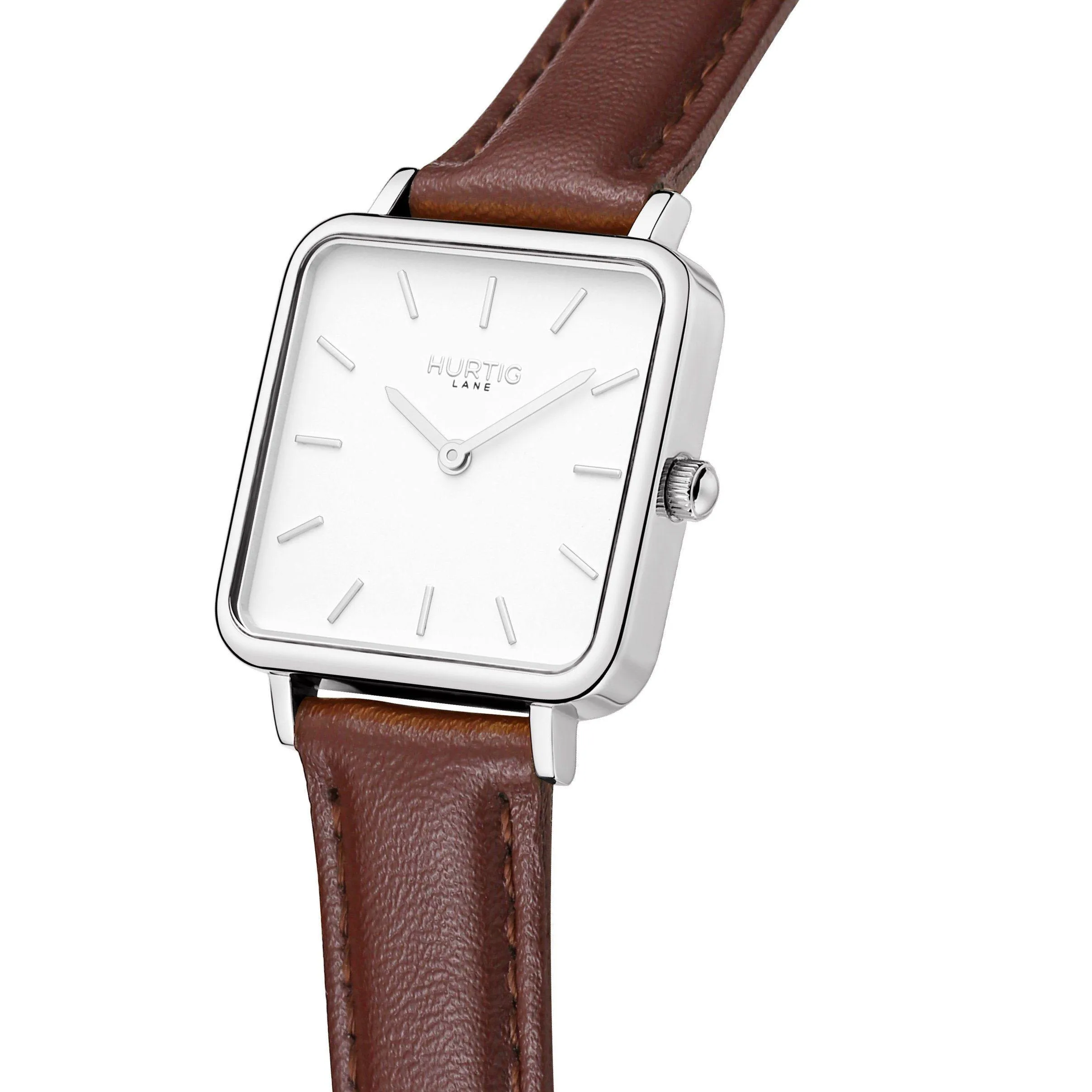 Neliö Square Vegan Leather Watch Silver, White & Chestnut