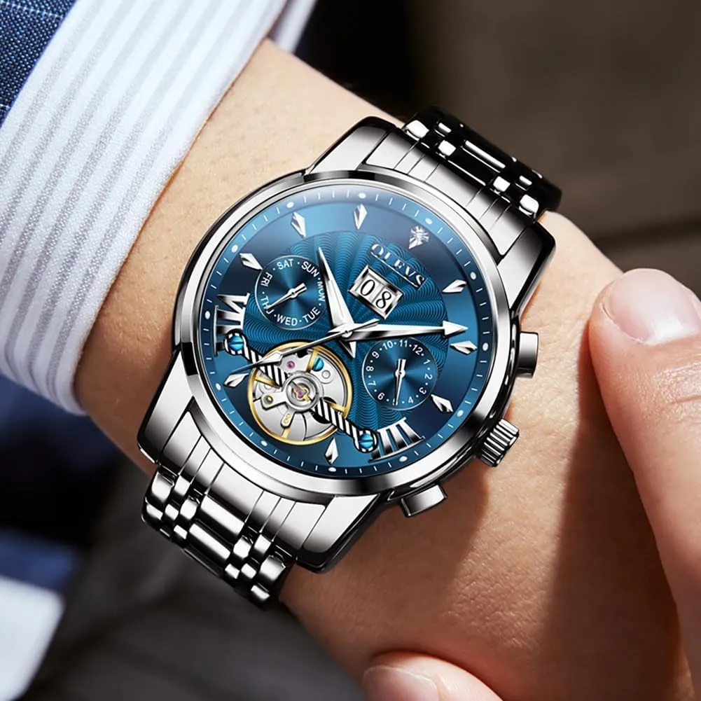 OLEVS Men Automatic Watch Stainless Steel Skeleton Mechanical Date Calendar Luxury Classic Business Waterproof Luminous Wrist Watches