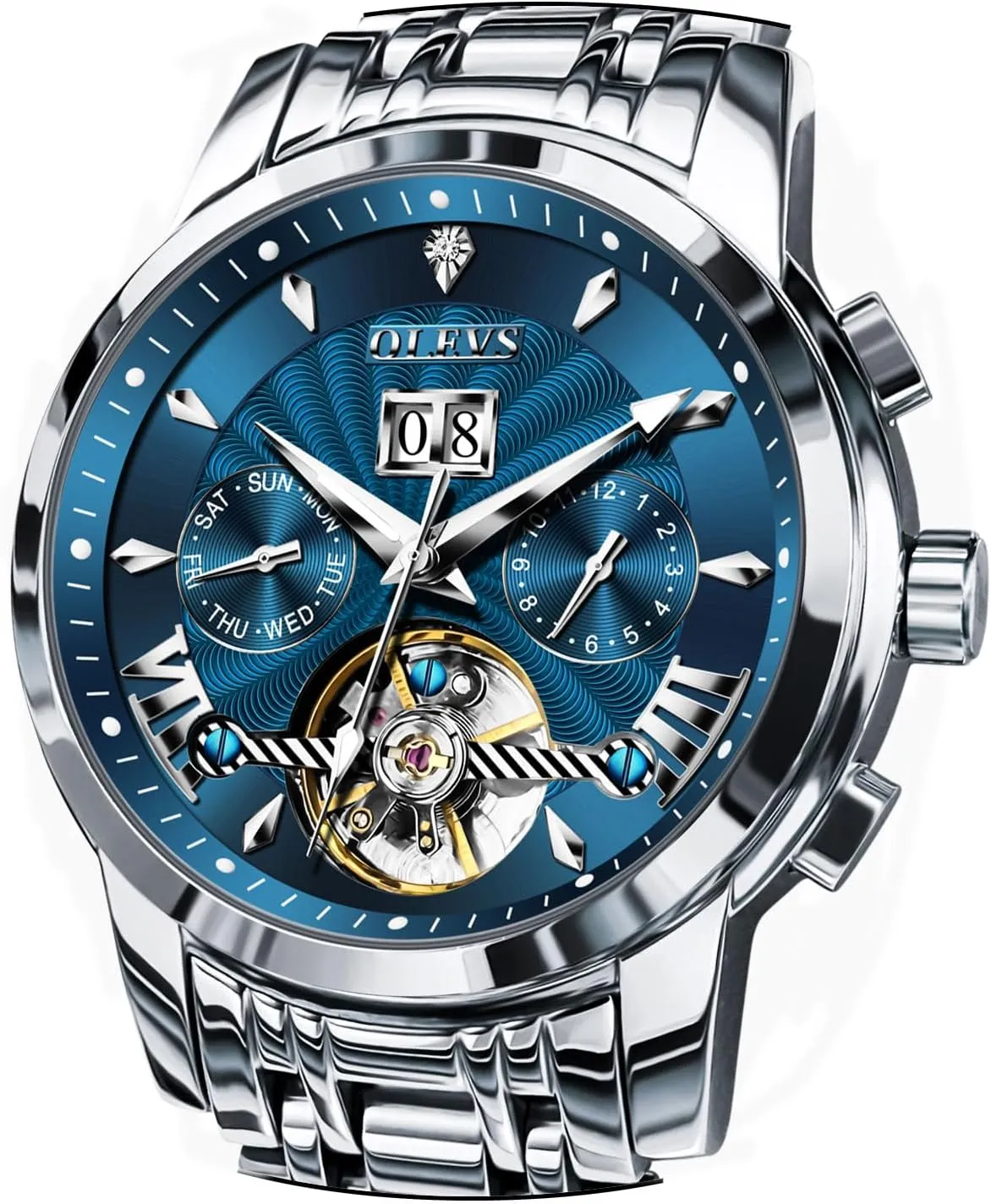 OLEVS Men Automatic Watch Stainless Steel Skeleton Mechanical Date Calendar Luxury Classic Business Waterproof Luminous Wrist Watches