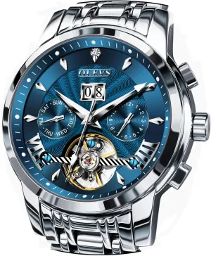 OLEVS Men Automatic Watch Stainless Steel Skeleton Mechanical Date Calendar Luxury Classic Business Waterproof Luminous Wrist Watches
