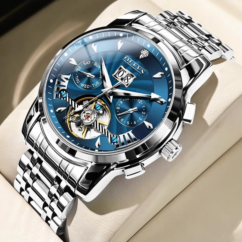 OLEVS Men Automatic Watch Stainless Steel Skeleton Mechanical Date Calendar Luxury Classic Business Waterproof Luminous Wrist Watches