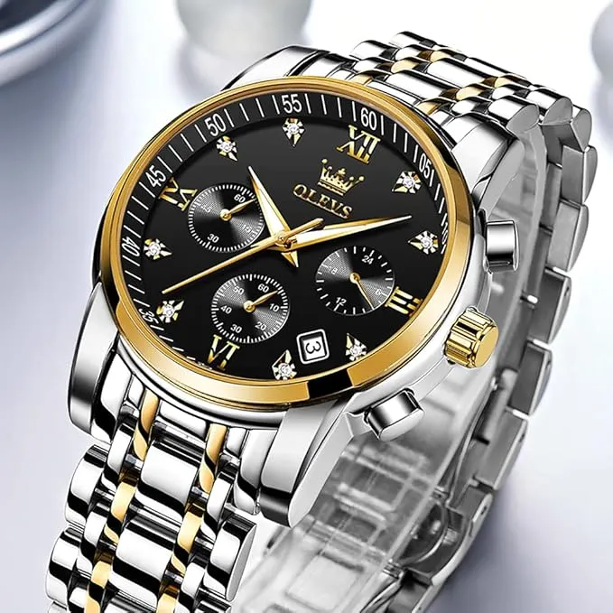OLEVS Mens Watches Fashion Gold Silver for Men Big Face Watches Luxury Black Dial Analog Quartz Men's Watch Chronograph Classic Stainless Steel Date Watches for Men Business Two Tone Male Watches