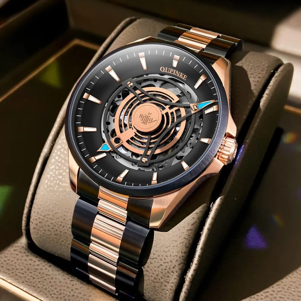OUPINKE Watch for Men Skeleton Self Winding Mechanical Automatic Luxury Dress Black Wrist Watch Waterproof Luminous Tungsten Sapphire Crystal