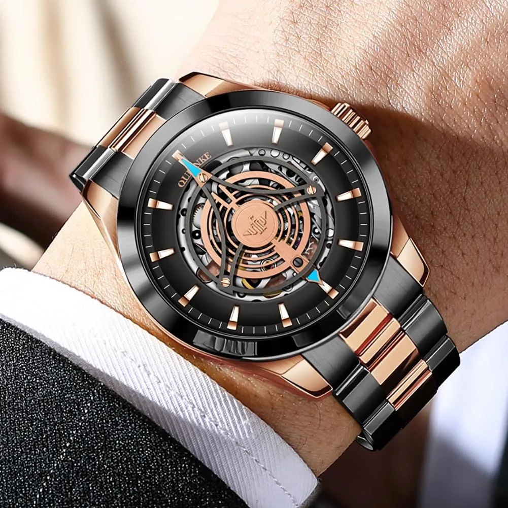 OUPINKE Watch for Men Skeleton Self Winding Mechanical Automatic Luxury Dress Black Wrist Watch Waterproof Luminous Tungsten Sapphire Crystal