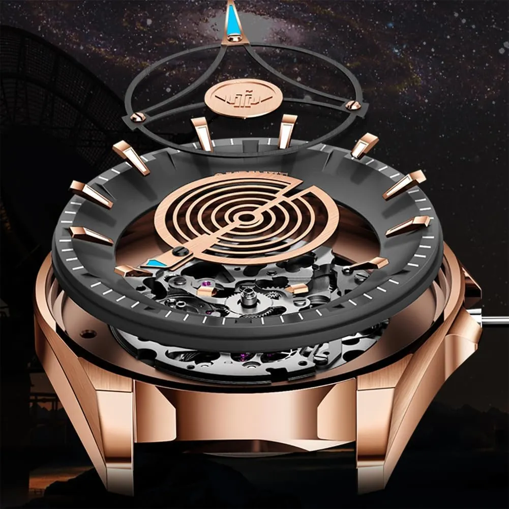 OUPINKE Watch for Men Skeleton Self Winding Mechanical Automatic Luxury Dress Black Wrist Watch Waterproof Luminous Tungsten Sapphire Crystal