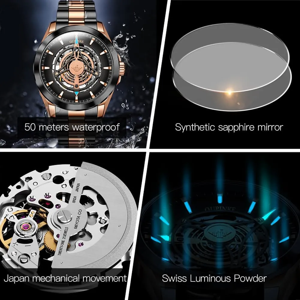 OUPINKE Watch for Men Skeleton Self Winding Mechanical Automatic Luxury Dress Black Wrist Watch Waterproof Luminous Tungsten Sapphire Crystal