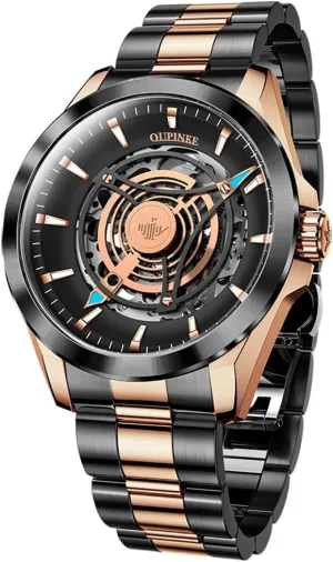 OUPINKE Watch for Men Skeleton Self Winding Mechanical Automatic Luxury Dress Black Wrist Watch Waterproof Luminous Tungsten Sapphire Crystal