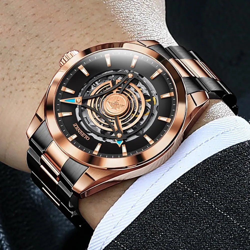 OUPINKE Watch for Men Skeleton Self Winding Mechanical Automatic Luxury Dress Black Wrist Watch Waterproof Luminous Tungsten Sapphire Crystal
