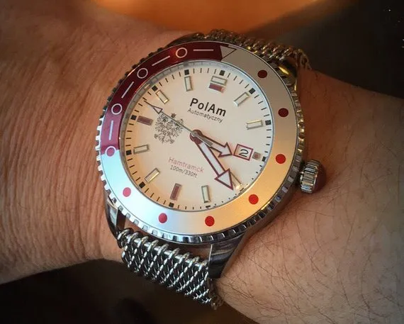 PolAm Hamtramck with shark mesh bracelet & premium Italian leather red straps
