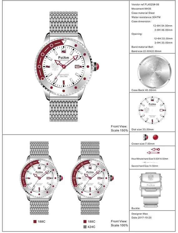 PolAm Hamtramck with shark mesh bracelet & premium Italian leather red straps