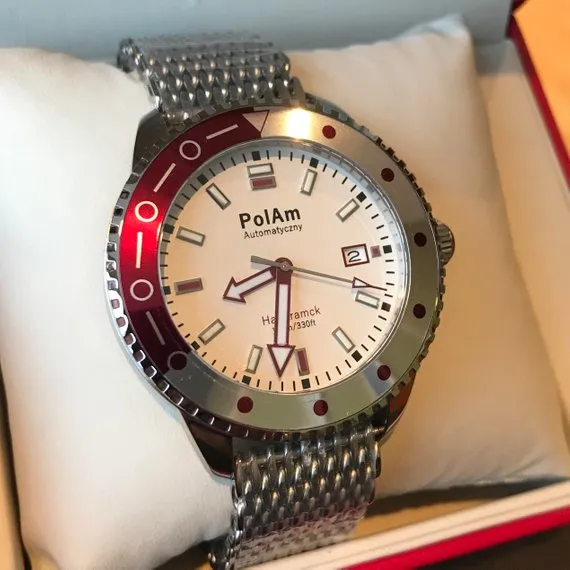 PolAm Hamtramck with shark mesh bracelet & premium Italian leather red straps