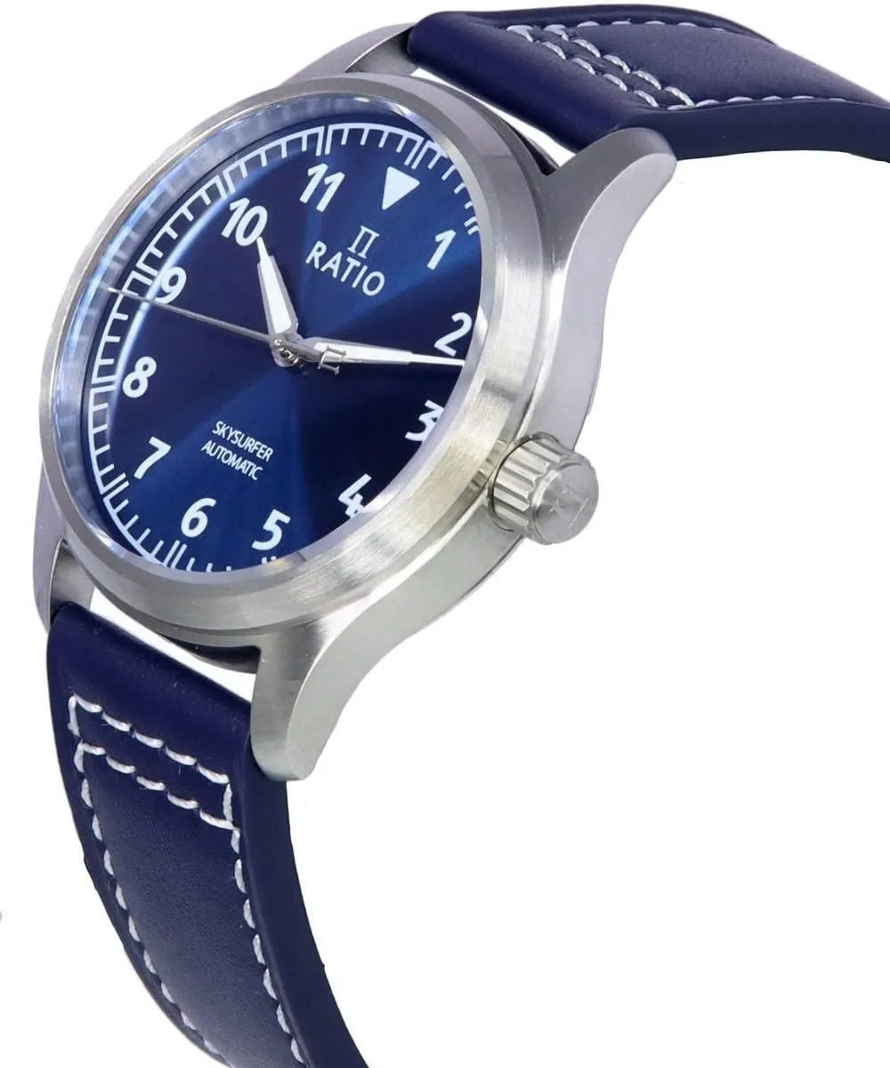 RATIO Pilot Style Watch Leather Strap Analog Display Sapphire Crystal Japanese Automatic 200M Water Resistant Casual Formal Wear Watch for Men