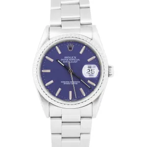 Rolex DateJust BLUE White 36mm ENGINE TURNED Stainless Steel Oyster Watch 16220
