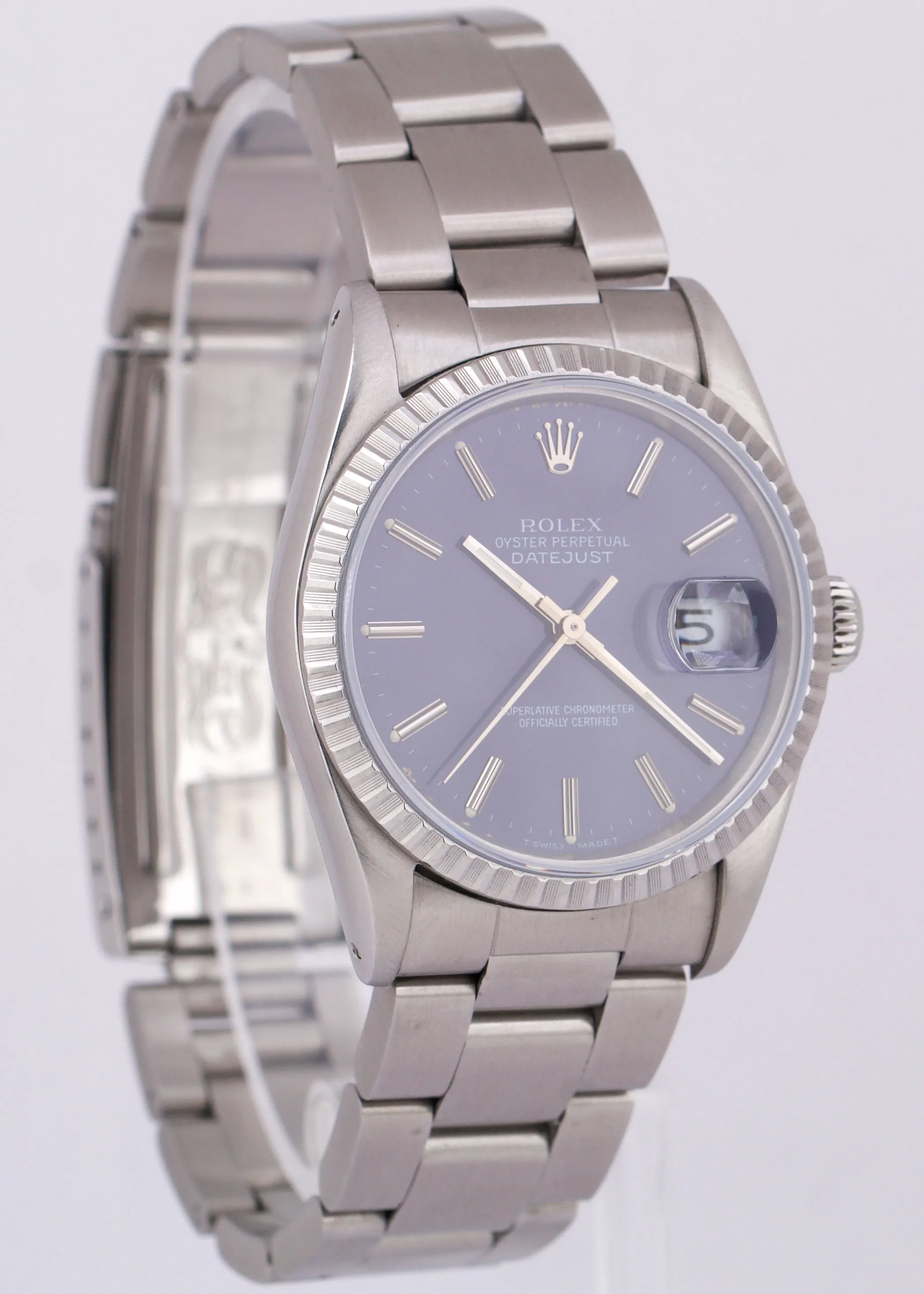Rolex DateJust BLUE White 36mm ENGINE TURNED Stainless Steel Oyster Watch 16220