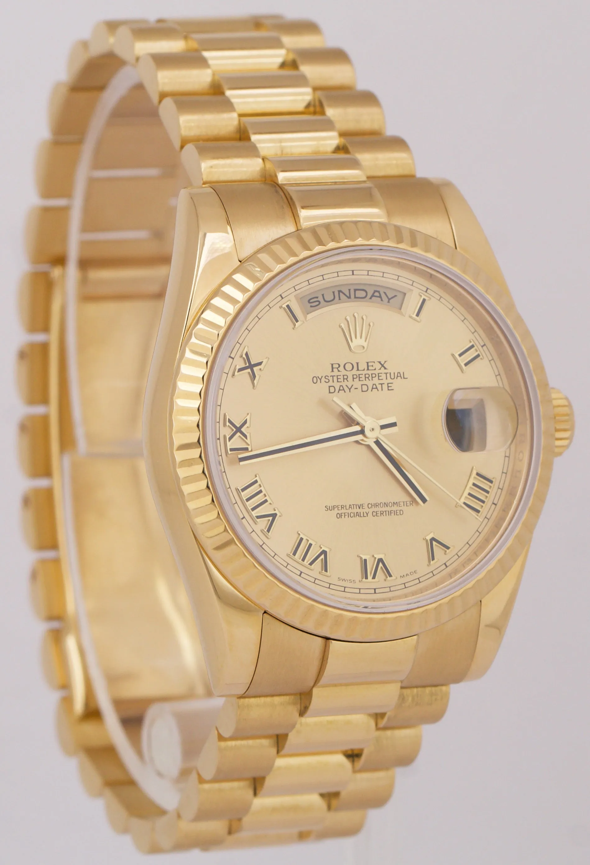 Rolex Day-Date President CHAMPAGNE ROMAN 36mm REHAUT 18K Gold NEW BUCKLE 118238