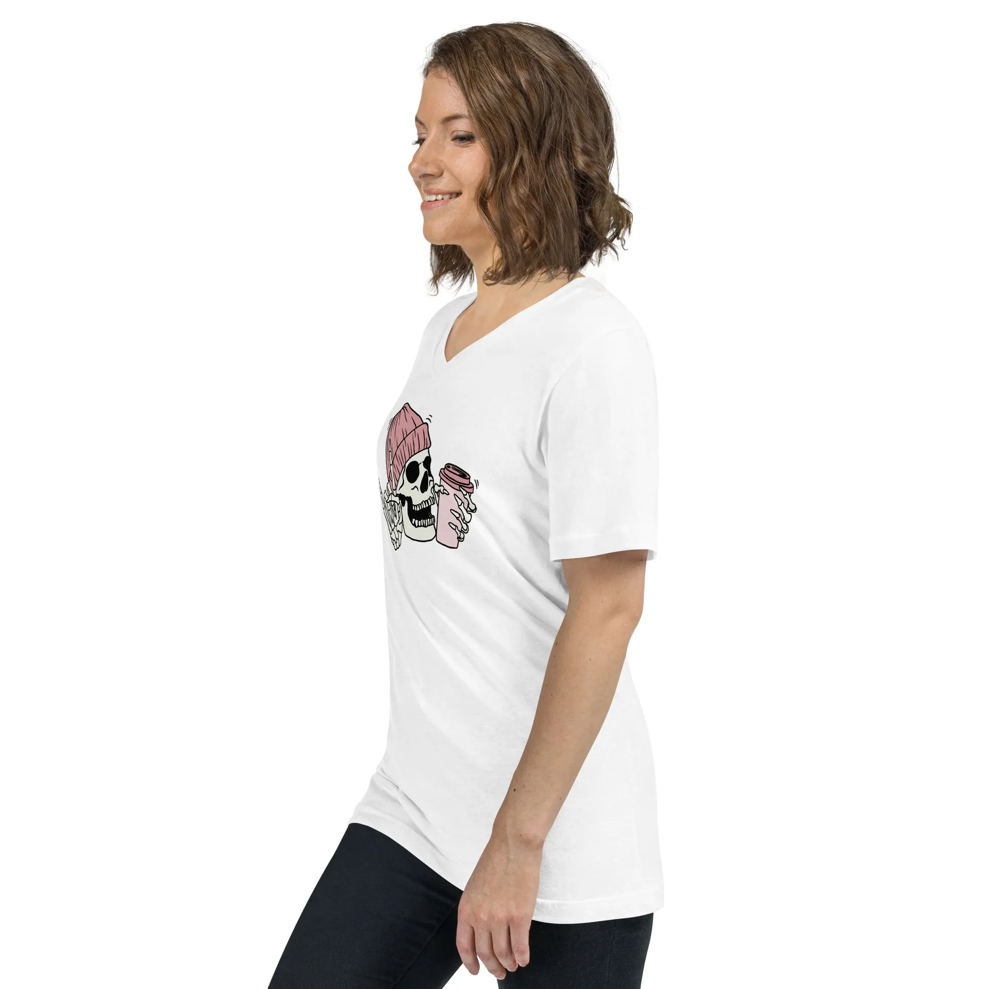 Skeleton with Coffee Short Sleeve V-Neck T-Shirt