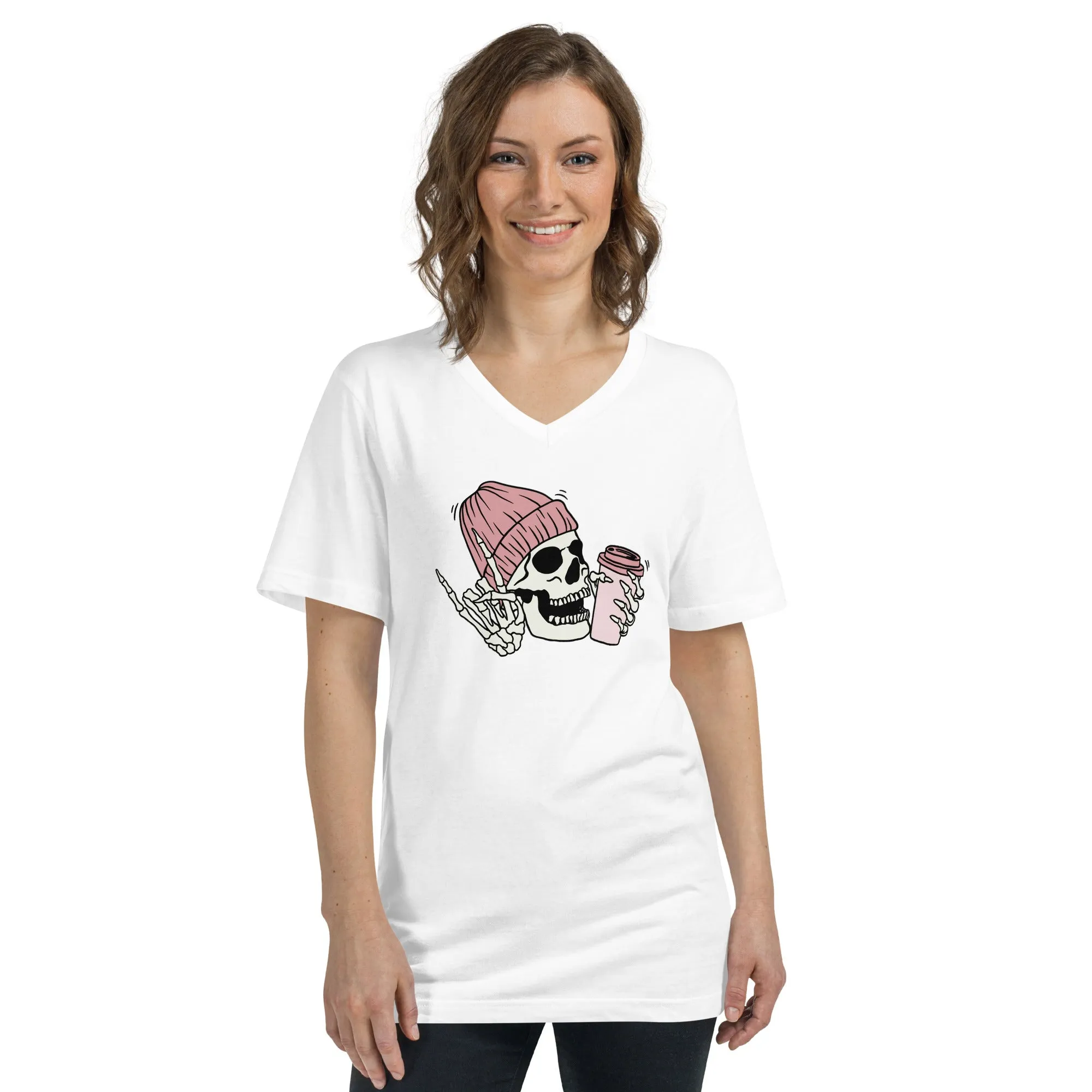 Skeleton with Coffee Short Sleeve V-Neck T-Shirt