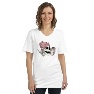 Skeleton with Coffee Short Sleeve V-Neck T-Shirt