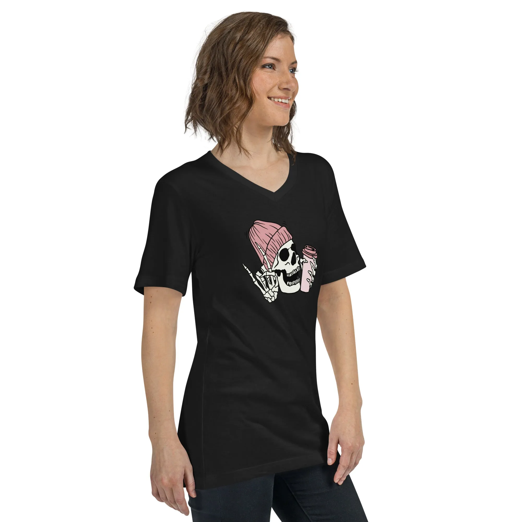 Skeleton with Coffee Short Sleeve V-Neck T-Shirt