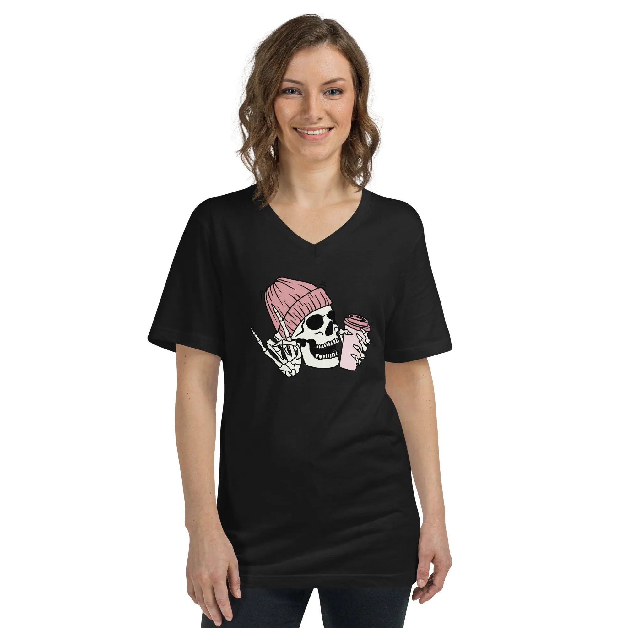 Skeleton with Coffee Short Sleeve V-Neck T-Shirt