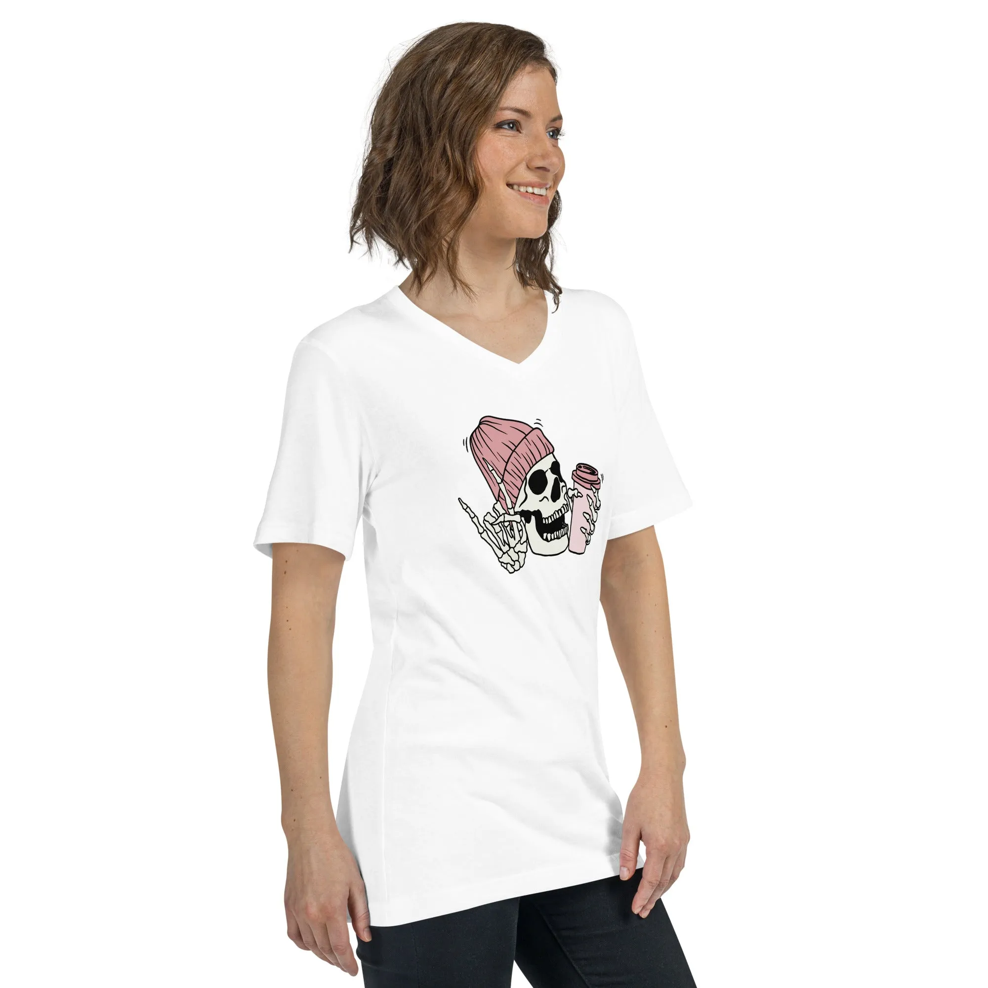 Skeleton with Coffee Short Sleeve V-Neck T-Shirt
