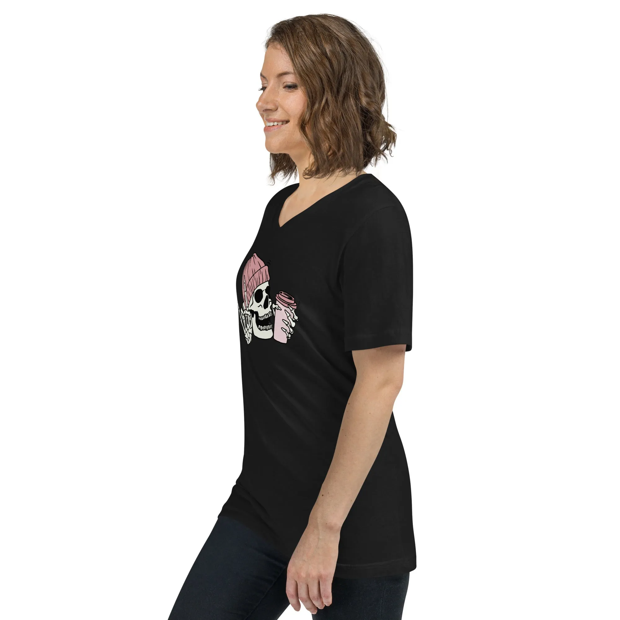 Skeleton with Coffee Short Sleeve V-Neck T-Shirt