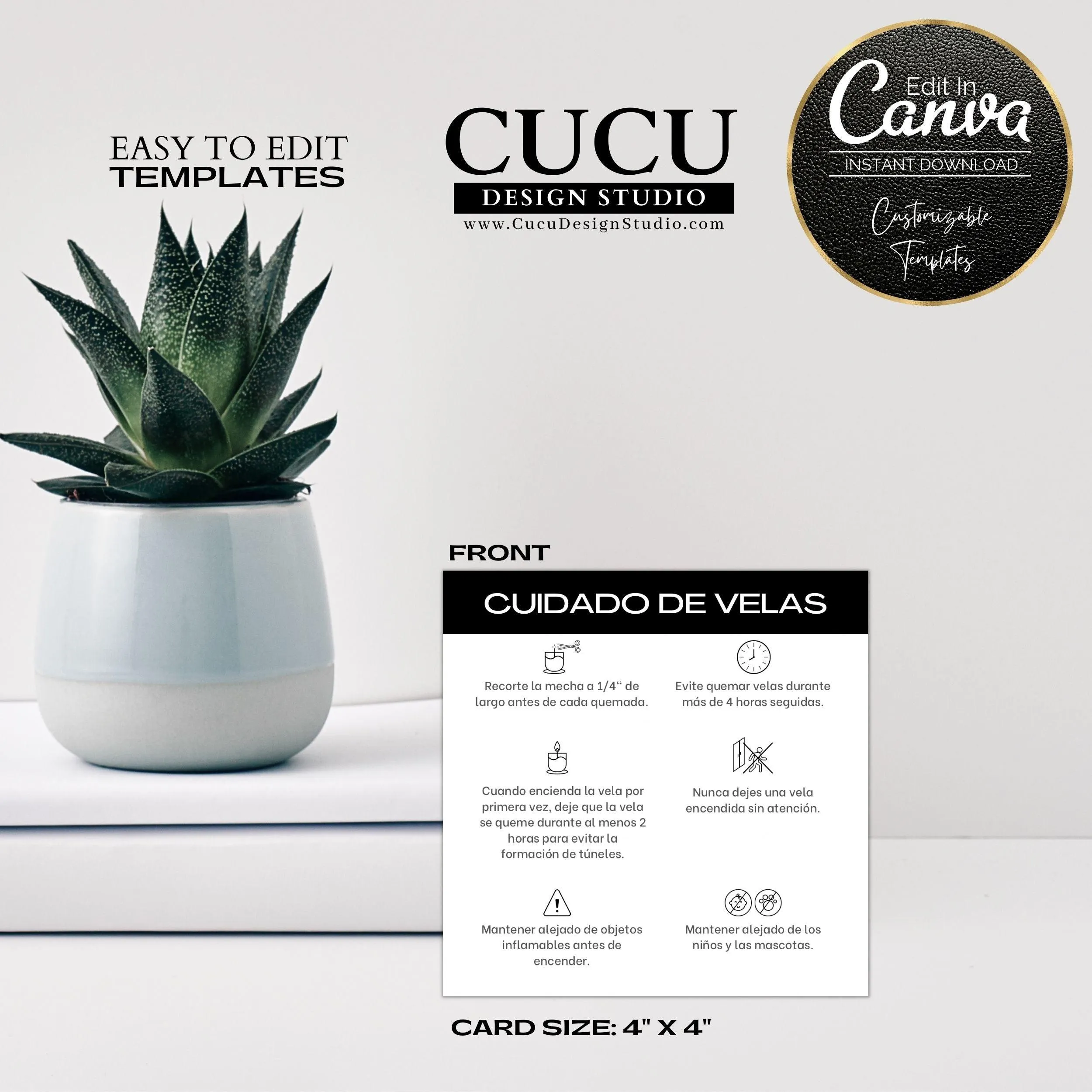 Spanish Minimalist Black White Candle Care Card Template