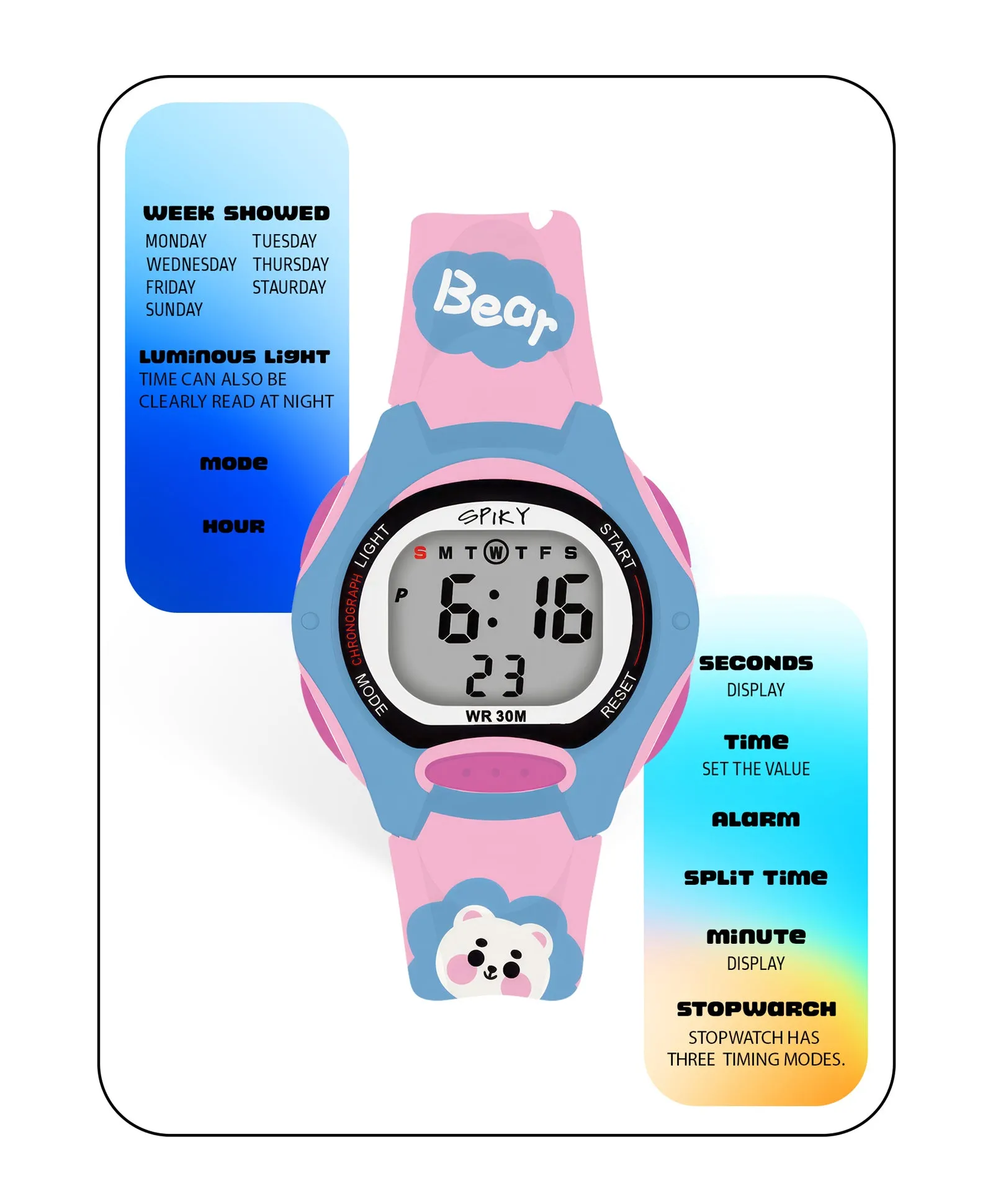 Spiky Eva18 Printed Strap Round Sports Digital Watch - Pink