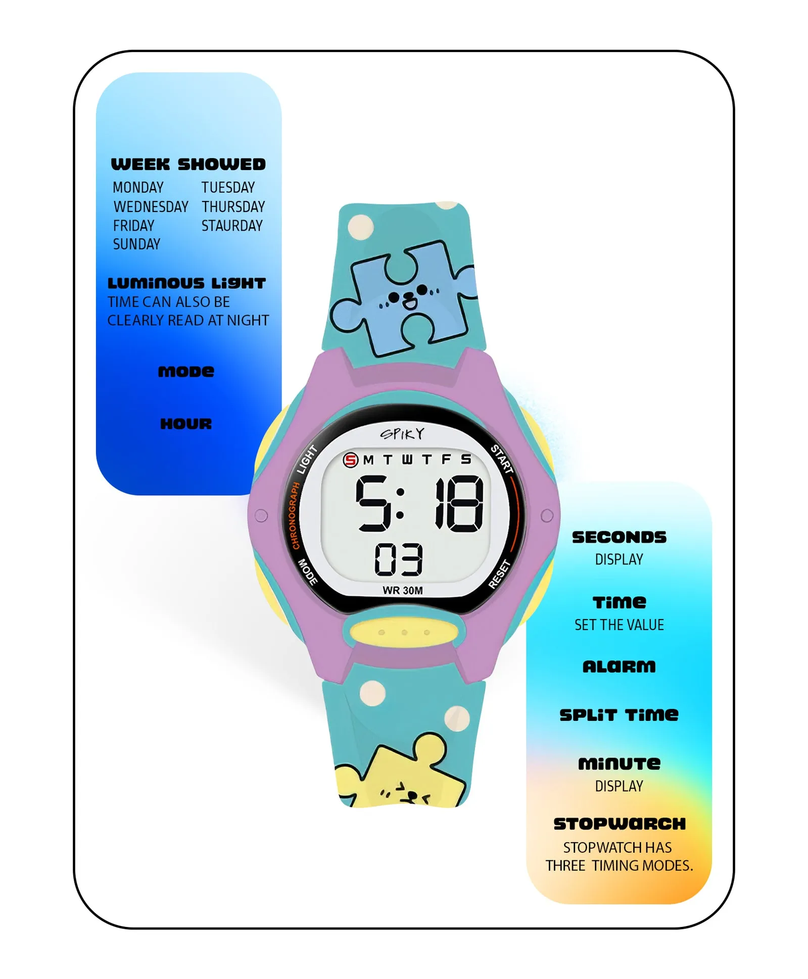 Spiky Eva18 Printed Strap Round Sports Digital Watch - Pink