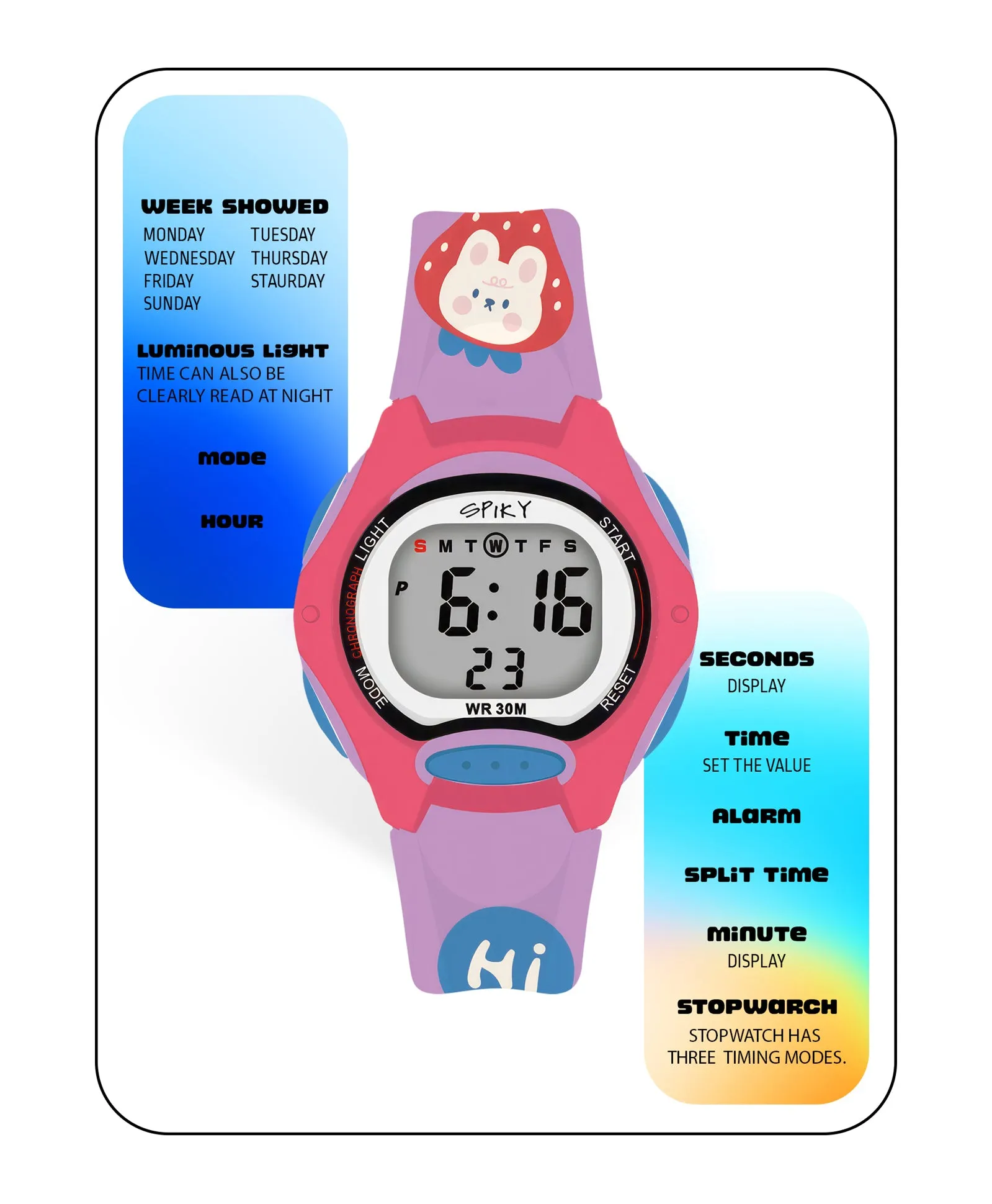 Spiky Eva18 Printed Strap Round Sports Digital Watch - Pink