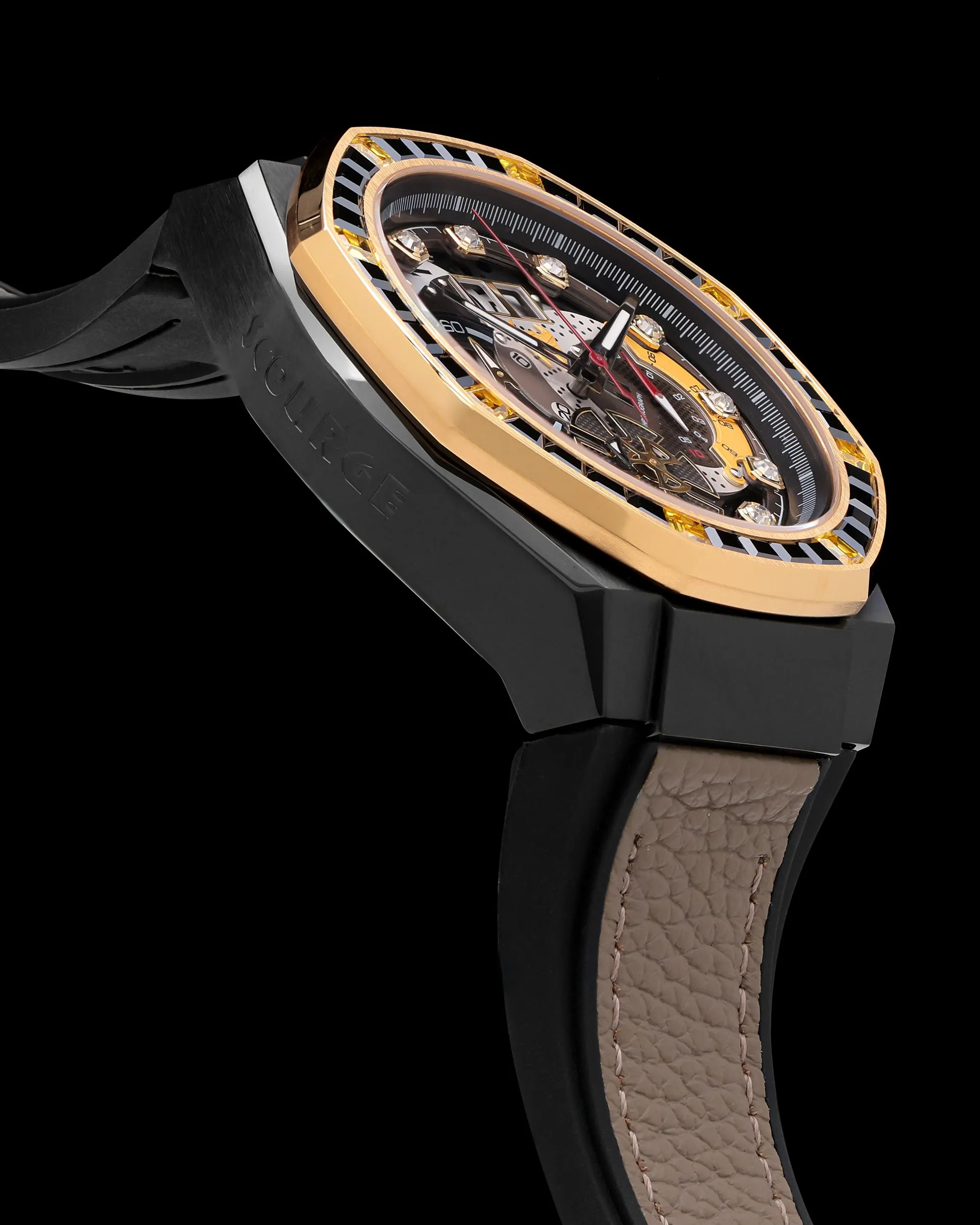 Transformer Scourge TQ023O-D1 (Black/Rosegold) with Black and Rosegold Crystal (Brown Leather with Silicone Strap)