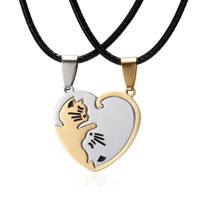 Two Cat Couples Jewelry Necklace Black White Kitten Animal Pendant Choker Necklace Women Valentine's Day Thanksgiving Day Gift