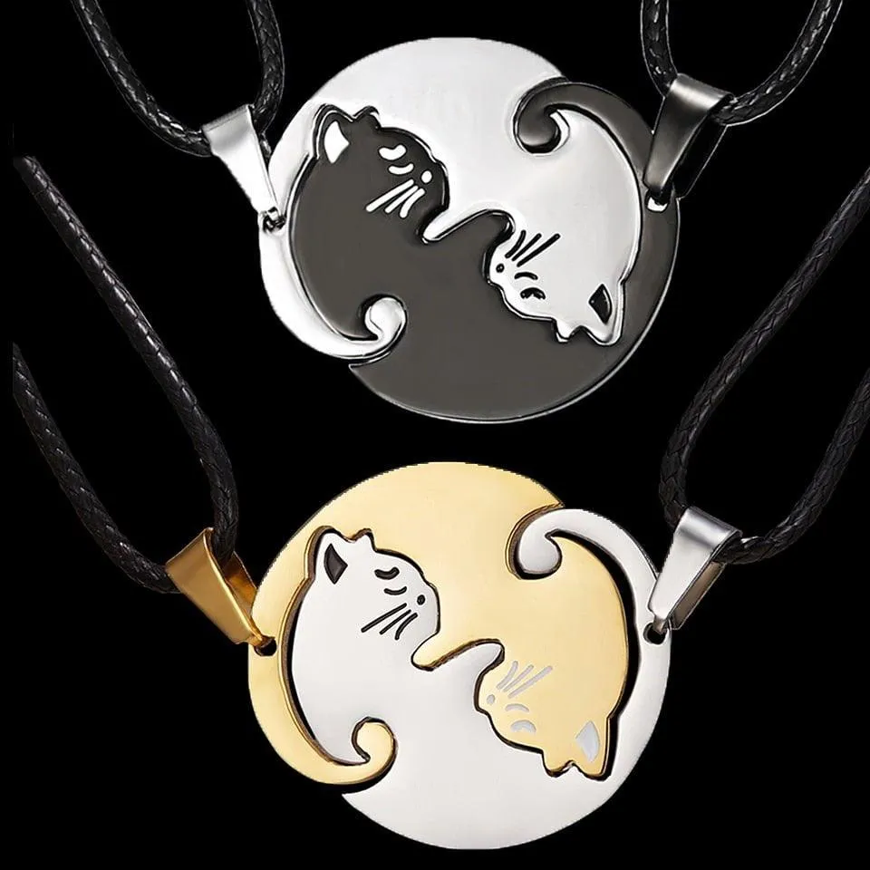 Two Cat Couples Jewelry Necklace Black White Kitten Animal Pendant Choker Necklace Women Valentine's Day Thanksgiving Day Gift