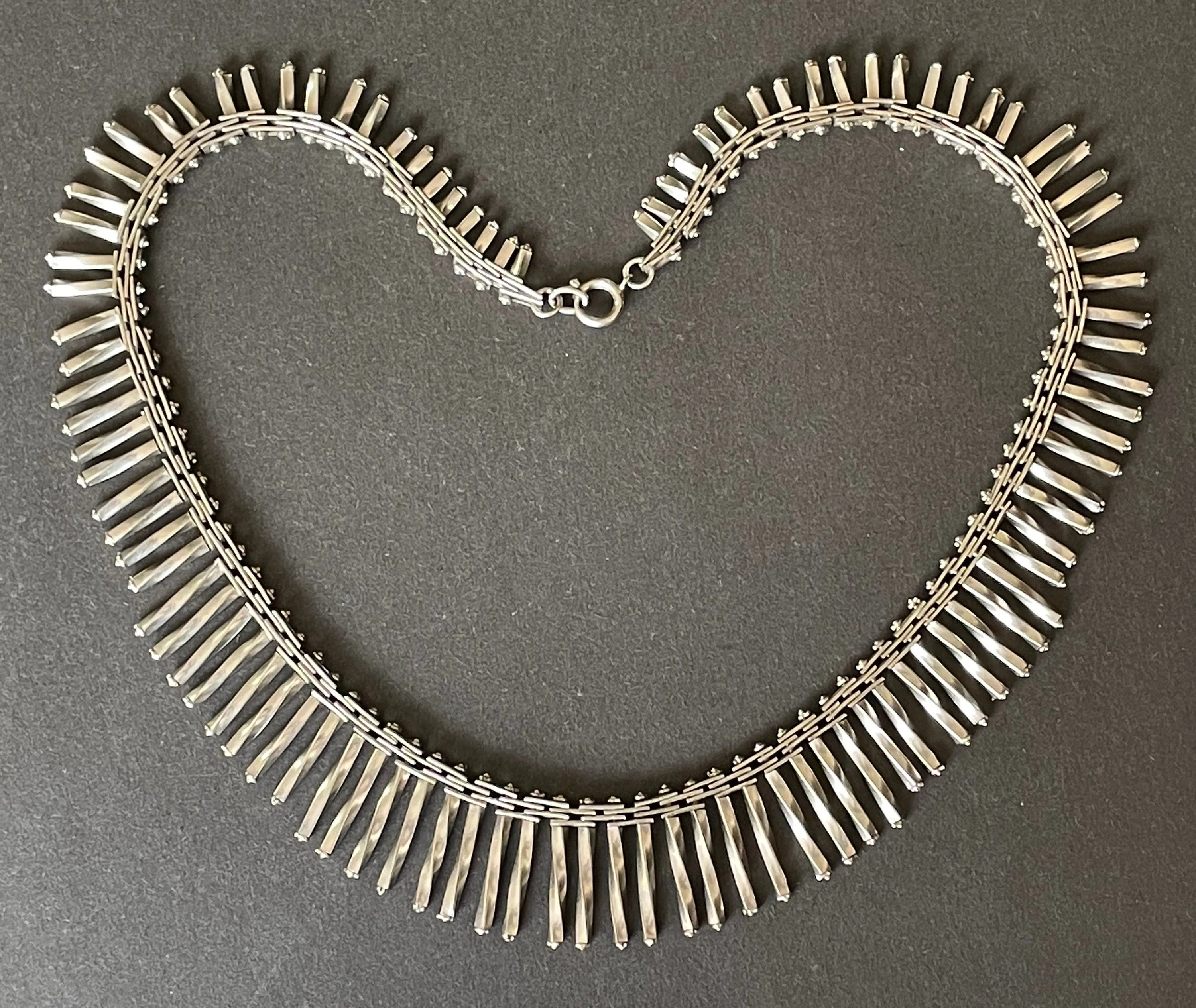 Vintage Jakob Bengel Art Deco machine age chrome mid-length fringe necklace, extremely rare design, beautiful workmanship