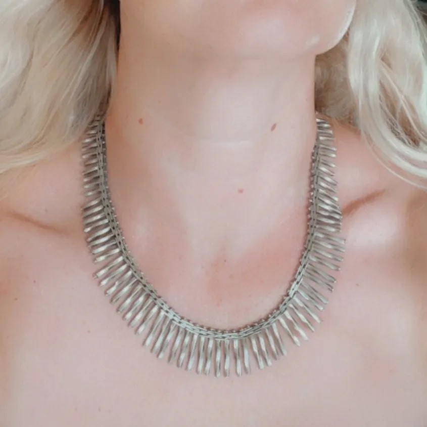 Vintage Jakob Bengel Art Deco machine age chrome mid-length fringe necklace, extremely rare design, beautiful workmanship