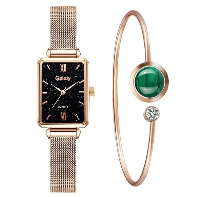 Women Watches Fashion Square Ladies Quartz Bracelet Set