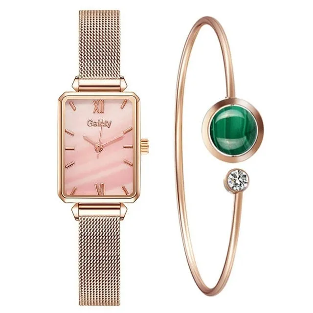 Women Watches Fashion Square Ladies Quartz Bracelet Set
