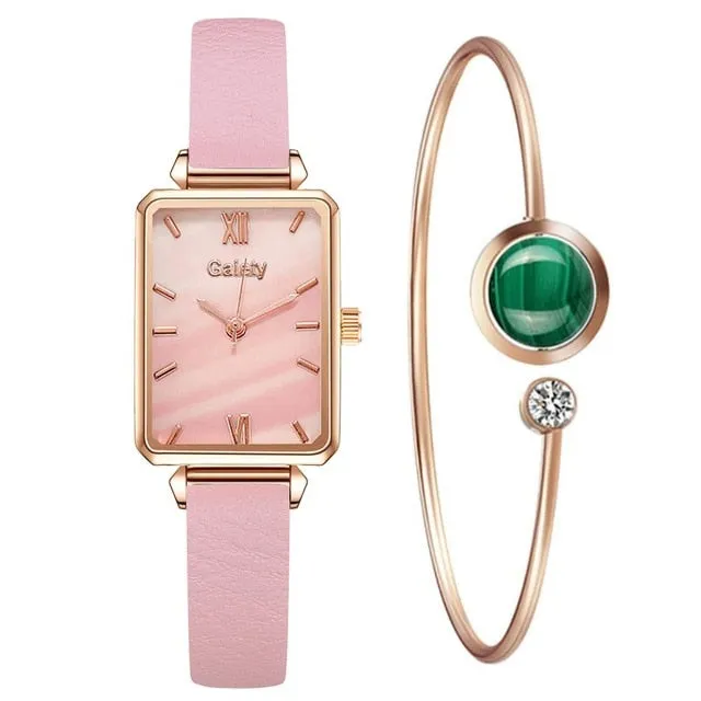 Women Watches Fashion Square Ladies Quartz Bracelet Set