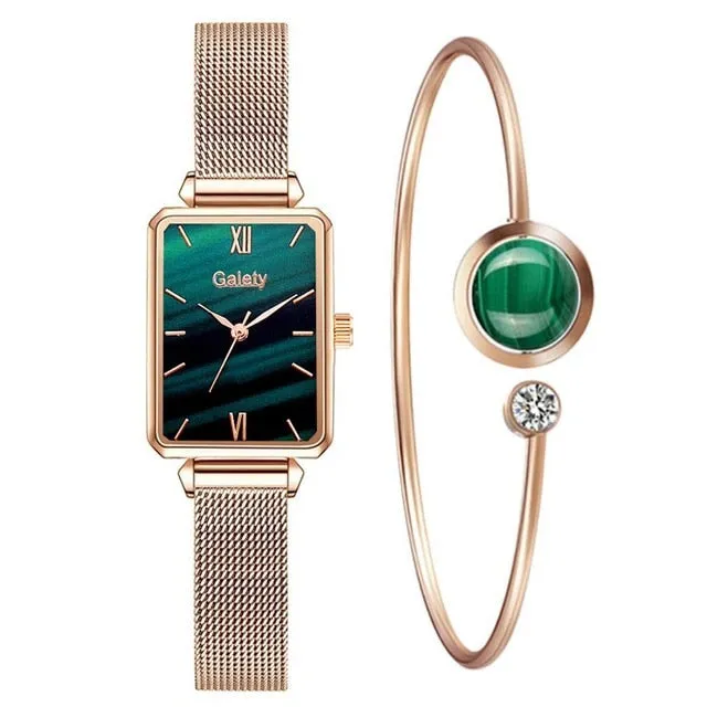 Women Watches Fashion Square Ladies Quartz Bracelet Set