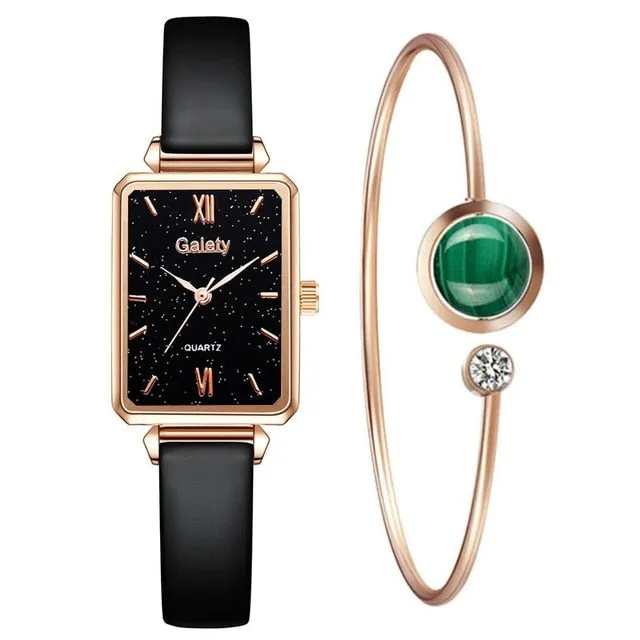 Women Watches Fashion Square Ladies Quartz Bracelet Set