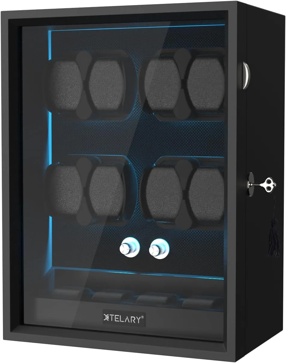 XTELARY Lockable Automatic Watch Winder - 4/6/8/12 Watch Storage, 4 Rotation Modes, Quiet Motor, Backlight