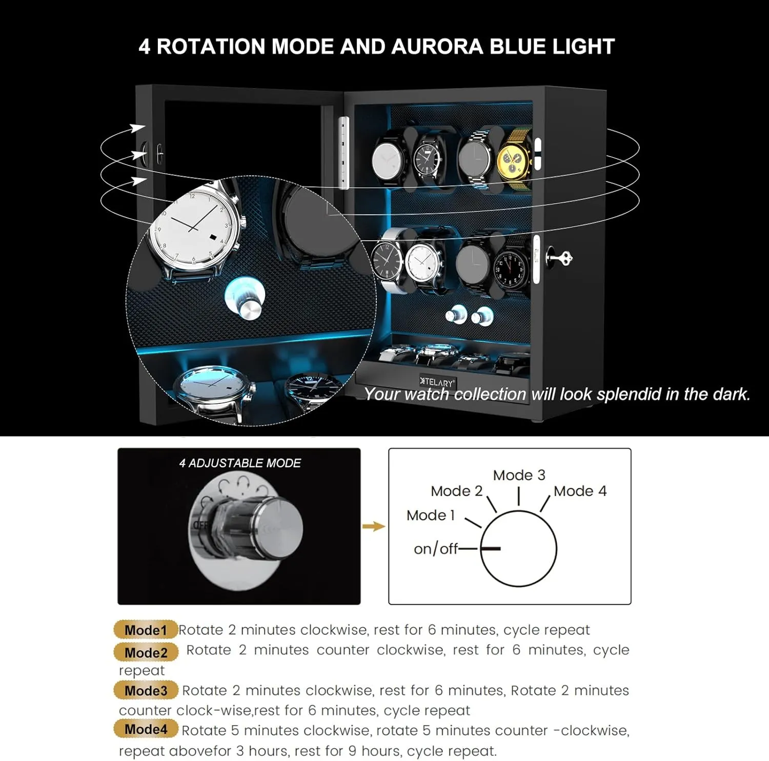 XTELARY Lockable Automatic Watch Winder - 4/6/8/12 Watch Storage, 4 Rotation Modes, Quiet Motor, Backlight