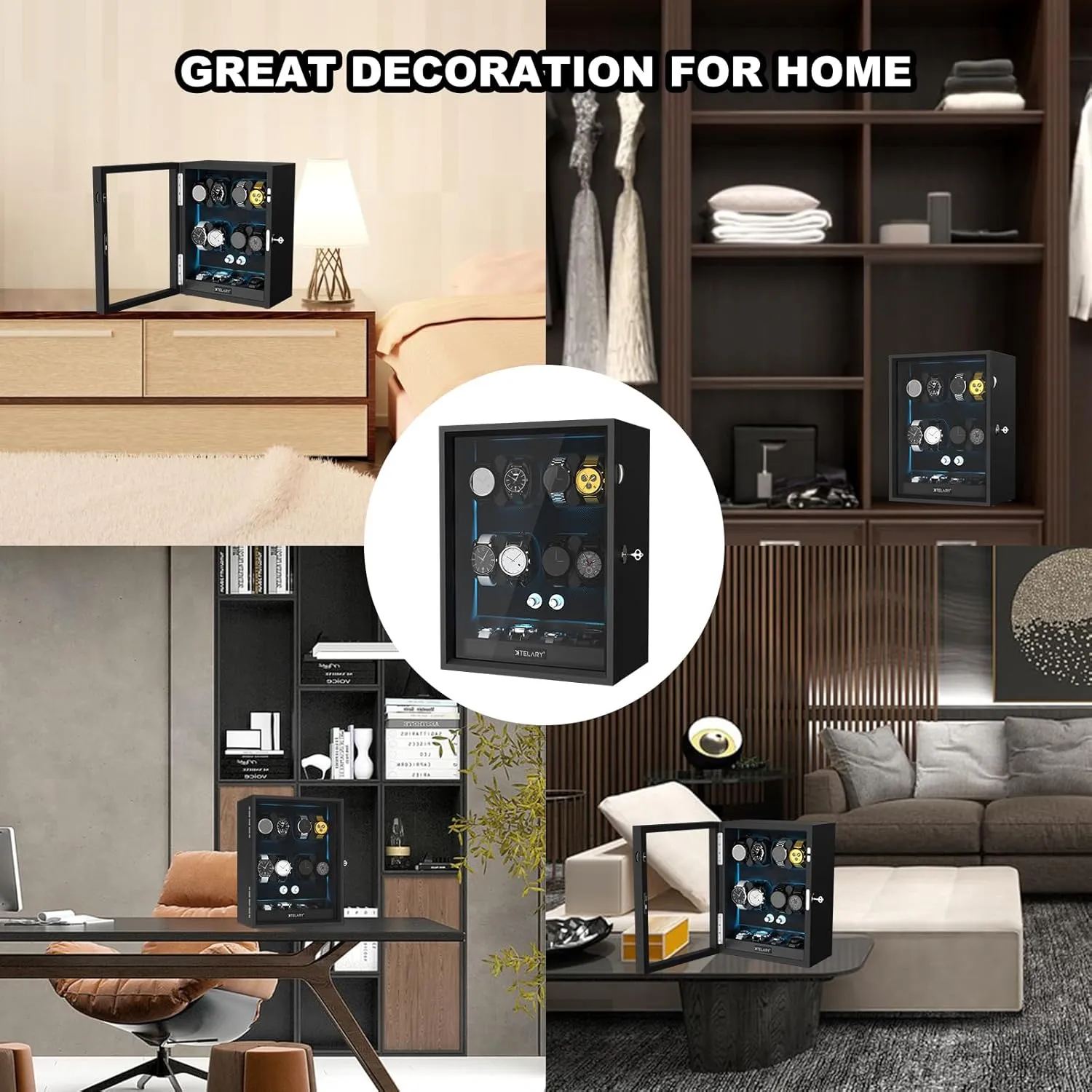 XTELARY Lockable Automatic Watch Winder - 4/6/8/12 Watch Storage, 4 Rotation Modes, Quiet Motor, Backlight