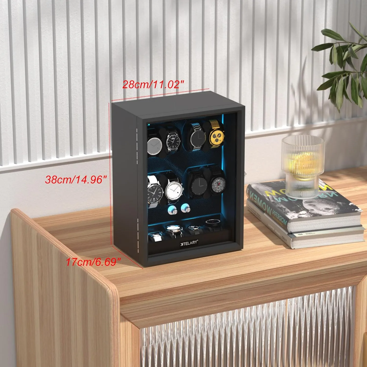 XTELARY Lockable Automatic Watch Winder - 4/6/8/12 Watch Storage, 4 Rotation Modes, Quiet Motor, Backlight