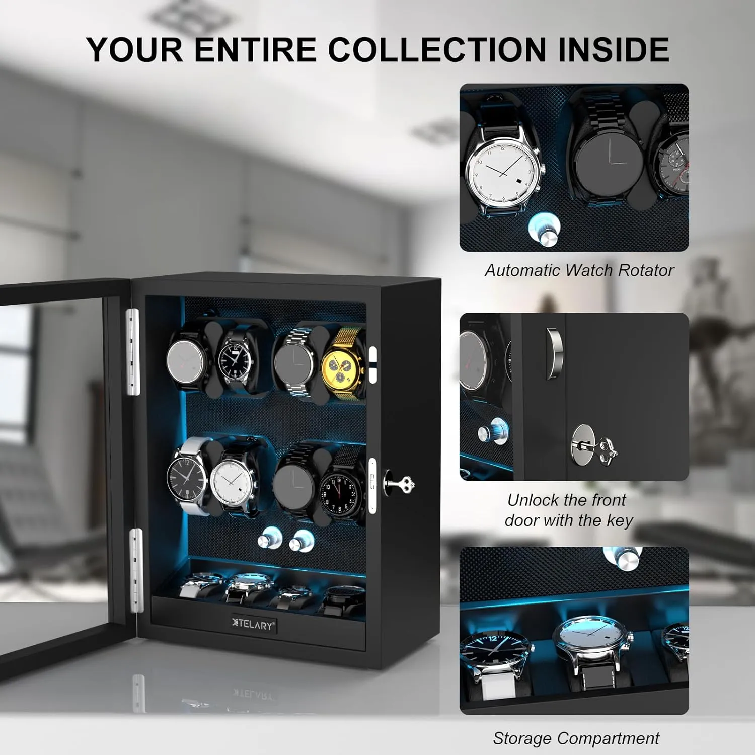 XTELARY Lockable Automatic Watch Winder - 4/6/8/12 Watch Storage, 4 Rotation Modes, Quiet Motor, Backlight